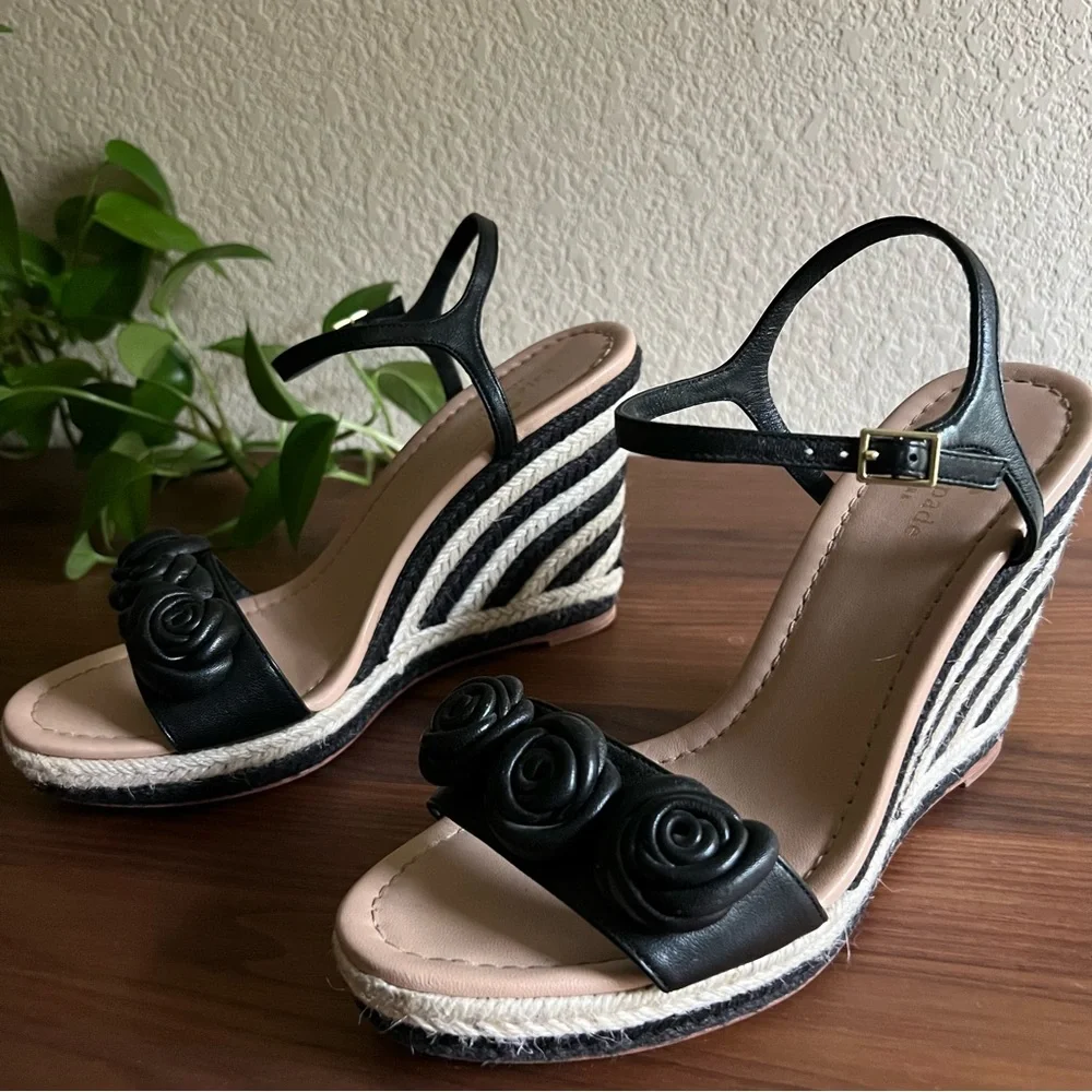 Kate Spade New York Jill Rosette Black Cream Espadrille Platform Wedge Sandals